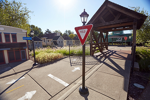 A view of the miniature safety town village buildings and roadways