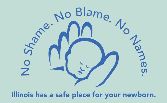 safe haven logo with text: No Shame. No Blame. No Names. Illinois has a safe place for your newborn.