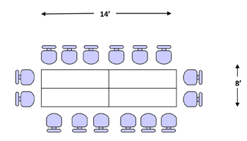 scale drawing of chairs around tables situated in a close rectangular setting