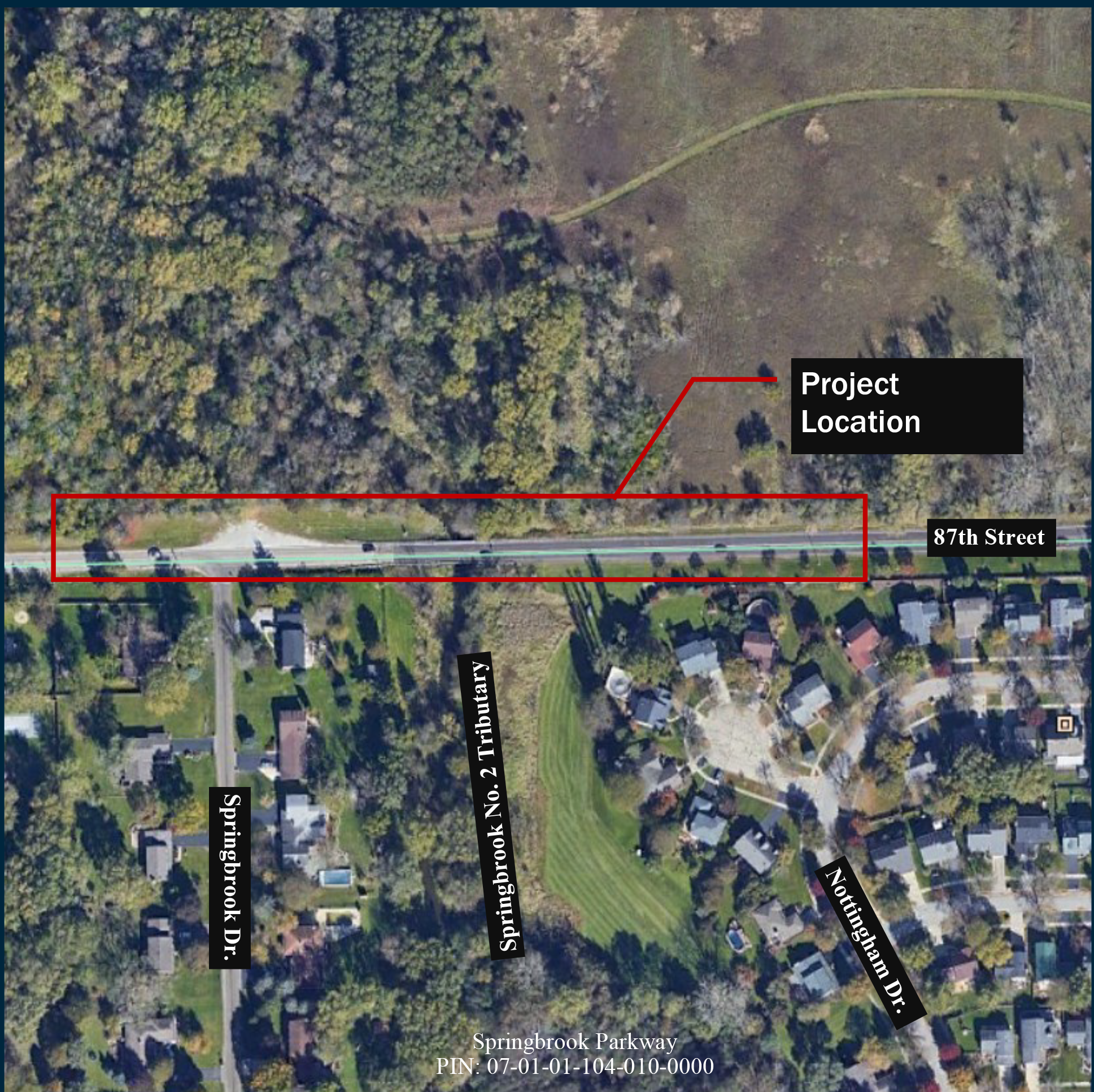 Aerial view of location of 87th Street Bridge Replacement project, along 87th Street near Springbrook Drive.