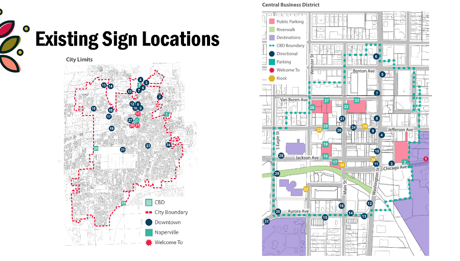map showing locations of currently existing signs in the downtown Naperville area